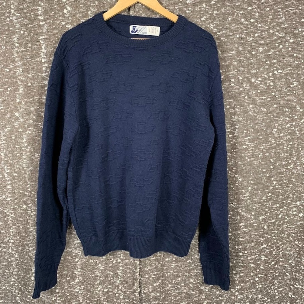 Vintage Mailman Chevrolet Chevy Embossed‎ Logo Blue Knit Sweater Size Large